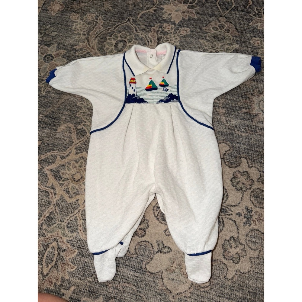 Vintage Baby Dior Sailboat Outfit Onesie Blue White